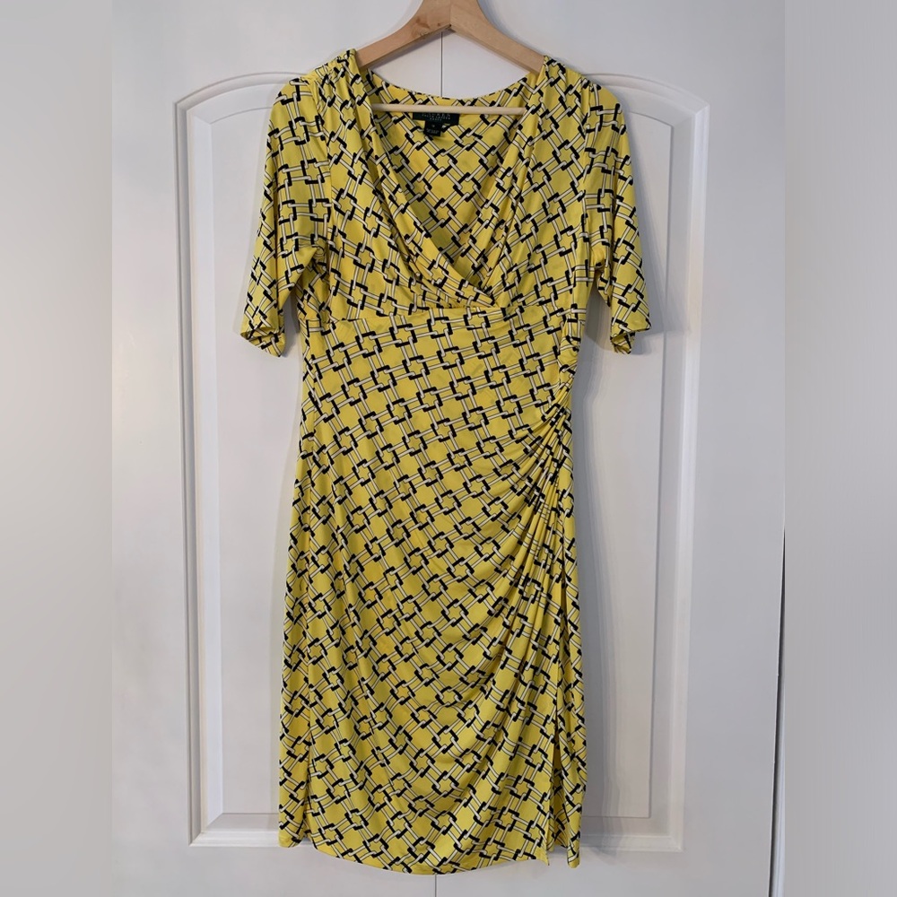 Lauren Ralph Lauren Dress Size 10 Faux Wrap Cinched Side Yellow Squares Midi